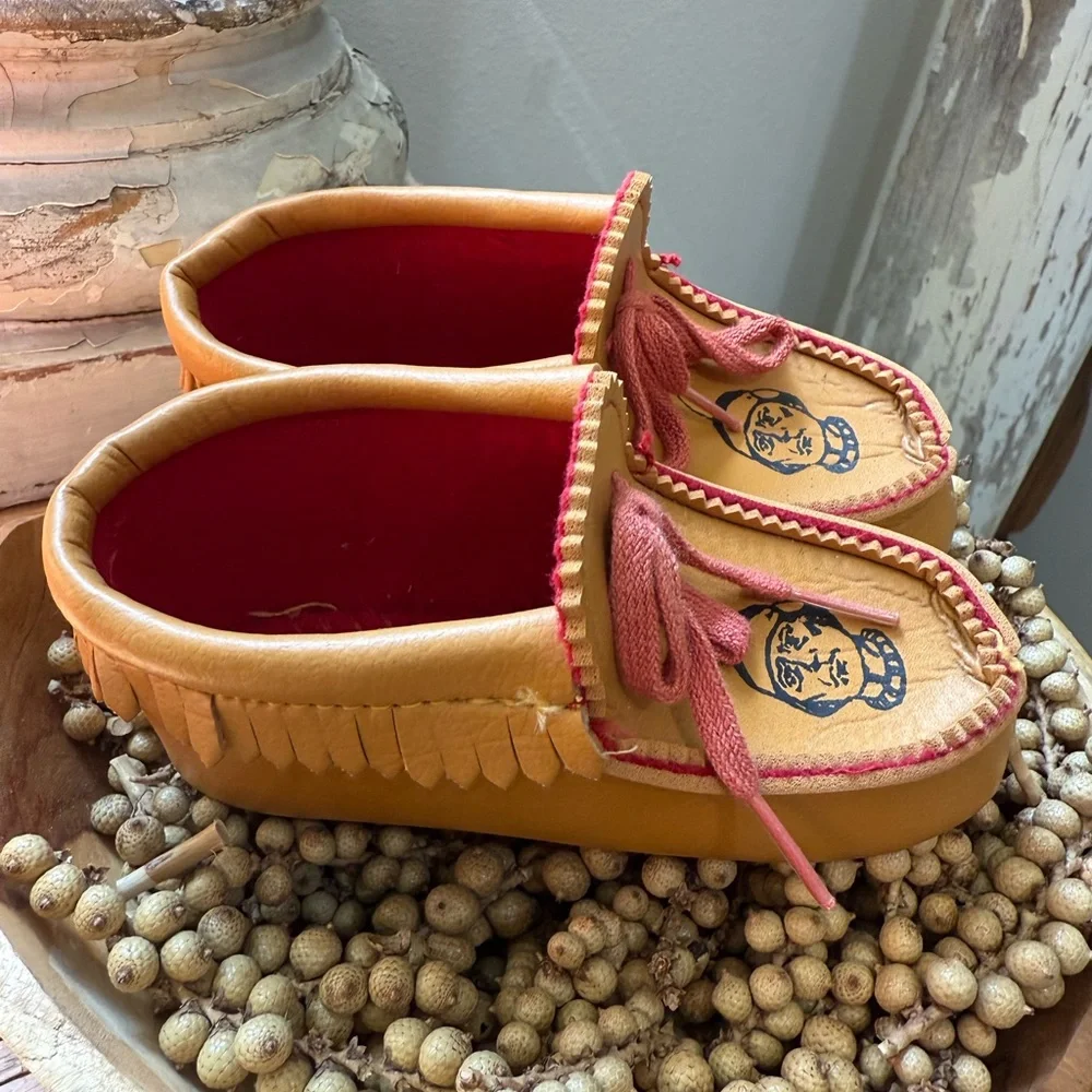 Vintage Handmade USA Kids Leather Tan Moccasins with Red Accents